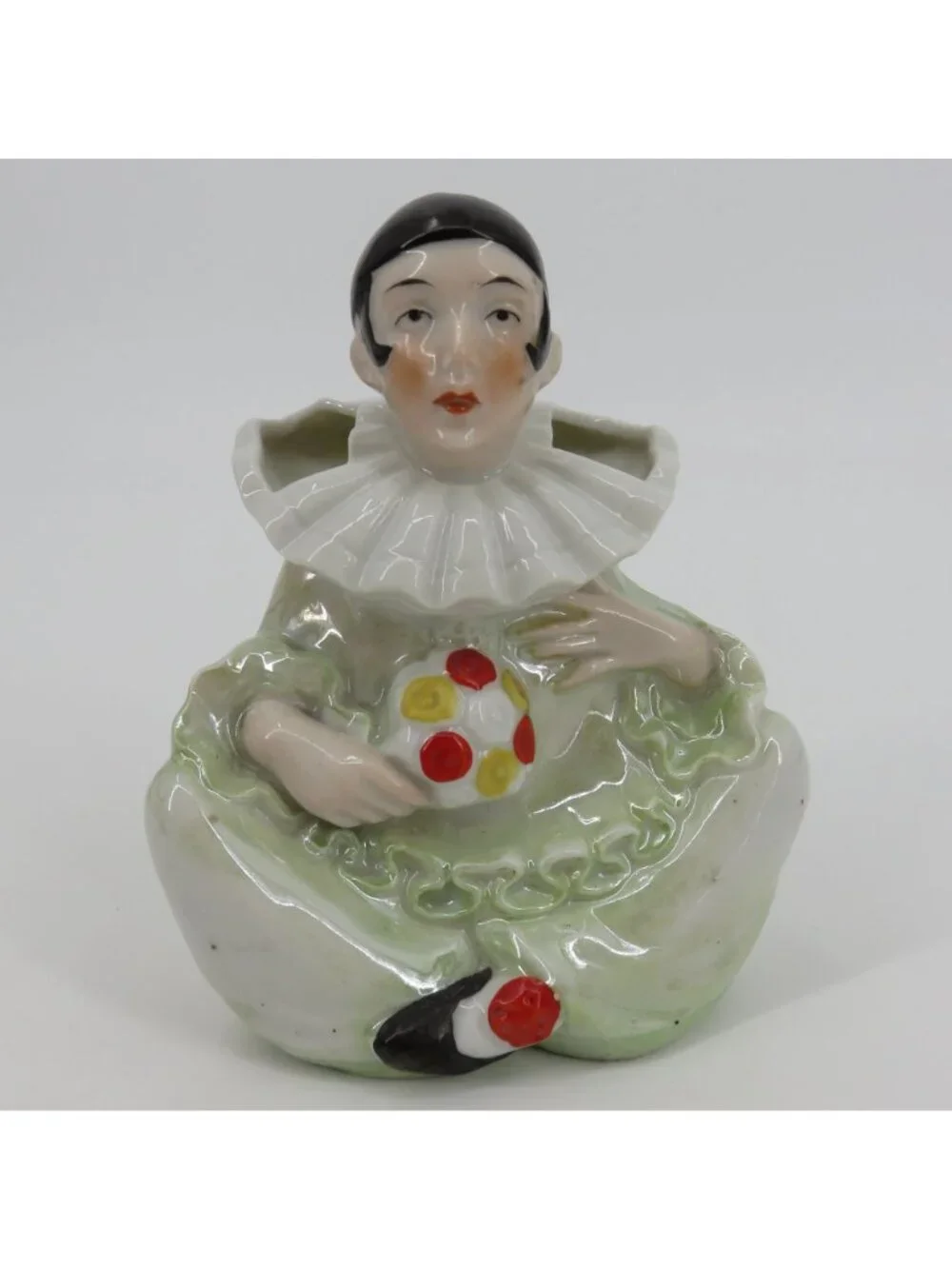 VTG Pierrot Clown Porcelain Double Opening Vase Green Red Yellow Iridescent MCM